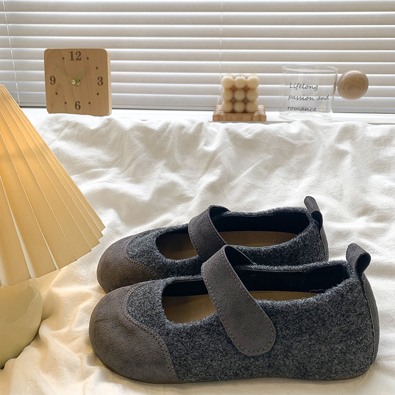 内增高厚底魔术贴毛呢玛丽珍单鞋女2025秋季新款灰色勃肯芭蕾舞鞋