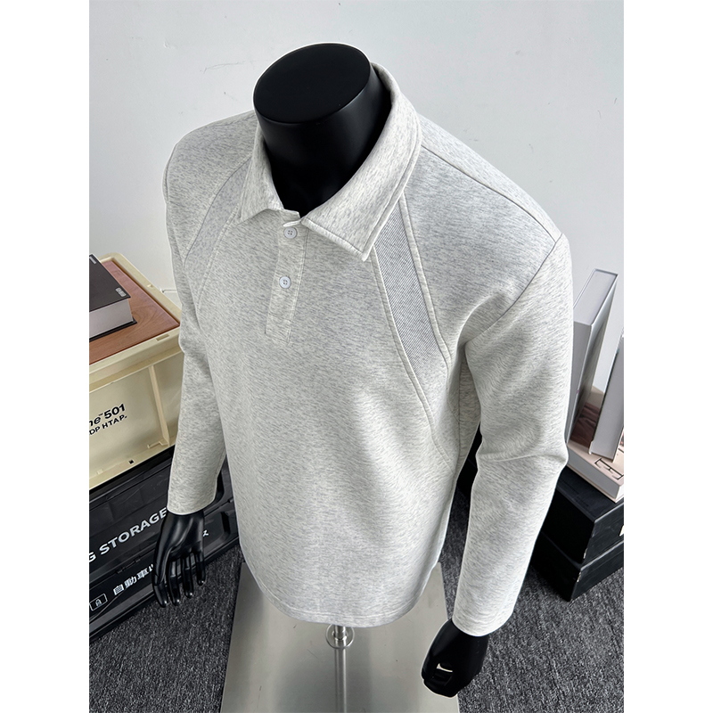 cleanfit白灰色解构拼接Polo领长袖T恤男秋冬季美式复古运动上衣