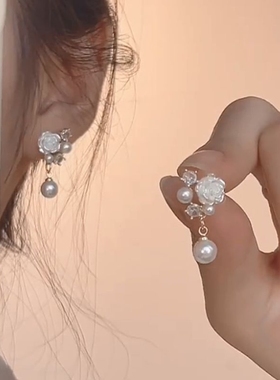耳夹珍珠无耳洞山茶花纯银耳钉白色新款高级复古花朵法式气质耳环