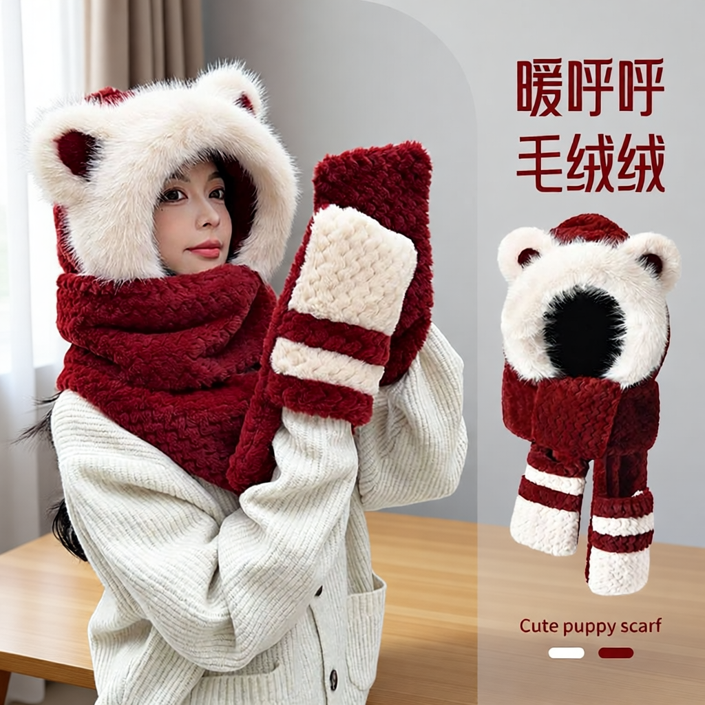 2025新款防寒保暖小熊毛绒帽子一体女冬季加厚护耳骑行帽防风小猪