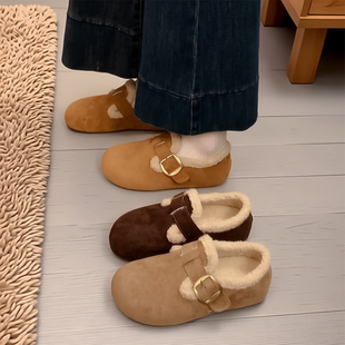 棉鞋 一脚蹬加绒毛毛鞋 子羊毛平底 女2025秋冬新款 3CM内增高勃肯鞋