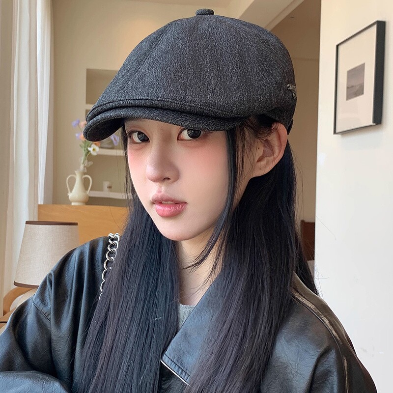 春秋季薄款显脸小帽子女新款简约百搭透气前进贝雷帽潮黑色复古