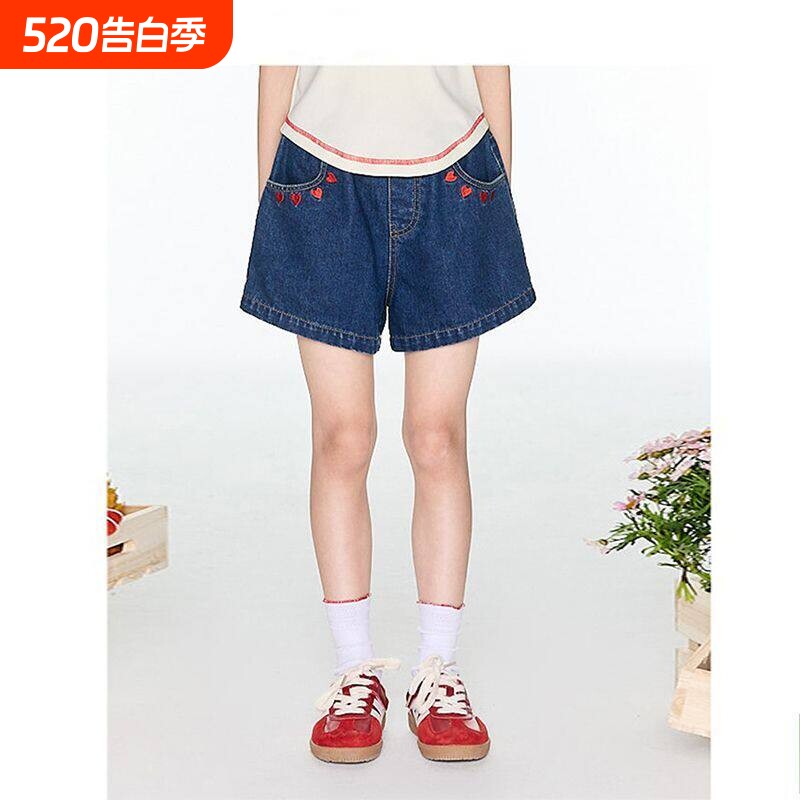 女童爱心刺绣牛短裤夏季薄款儿童设计感百搭A字休闲热裤中大童装