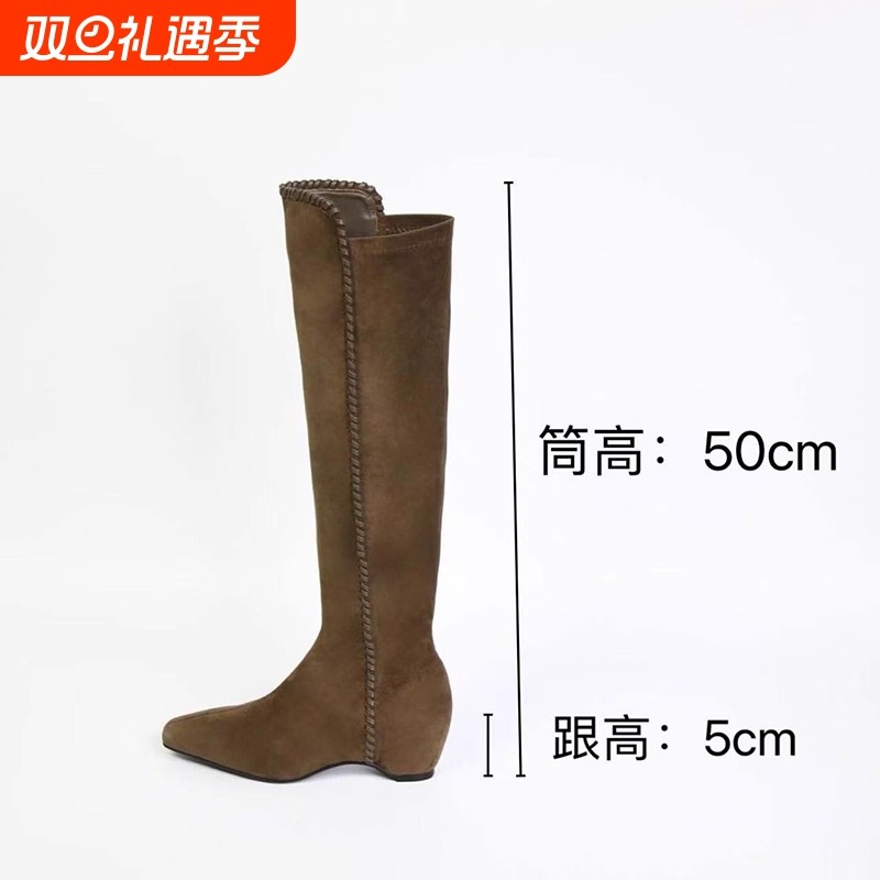 牛皮版~时髦复古方头高筒瘦瘦靴女秋冬百搭气质内增高磨砂皮长靴