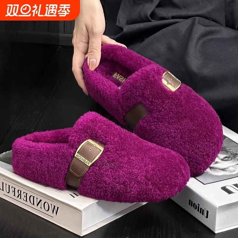 羊羔绒毛毛拖鞋女包头半拖鞋丑萌鞋秋冬加绒保暖加棉毛绒黑色白色