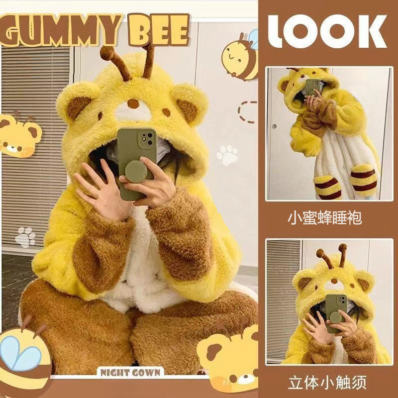 蜜蜂睡袍珊瑚绒睡衣秋冬款女新款男士加绒加厚可爱睡裙连体家居服