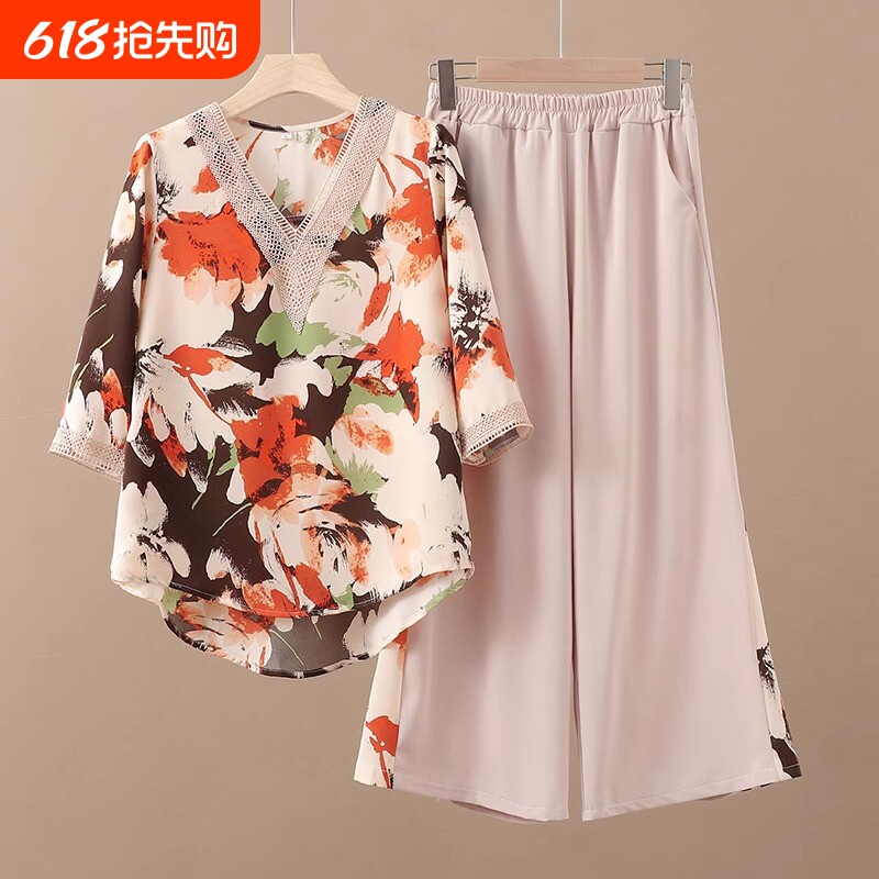妈妈夏季新款两件套装女大码洋气雪纺小衫中老年人夏装T恤上衣服