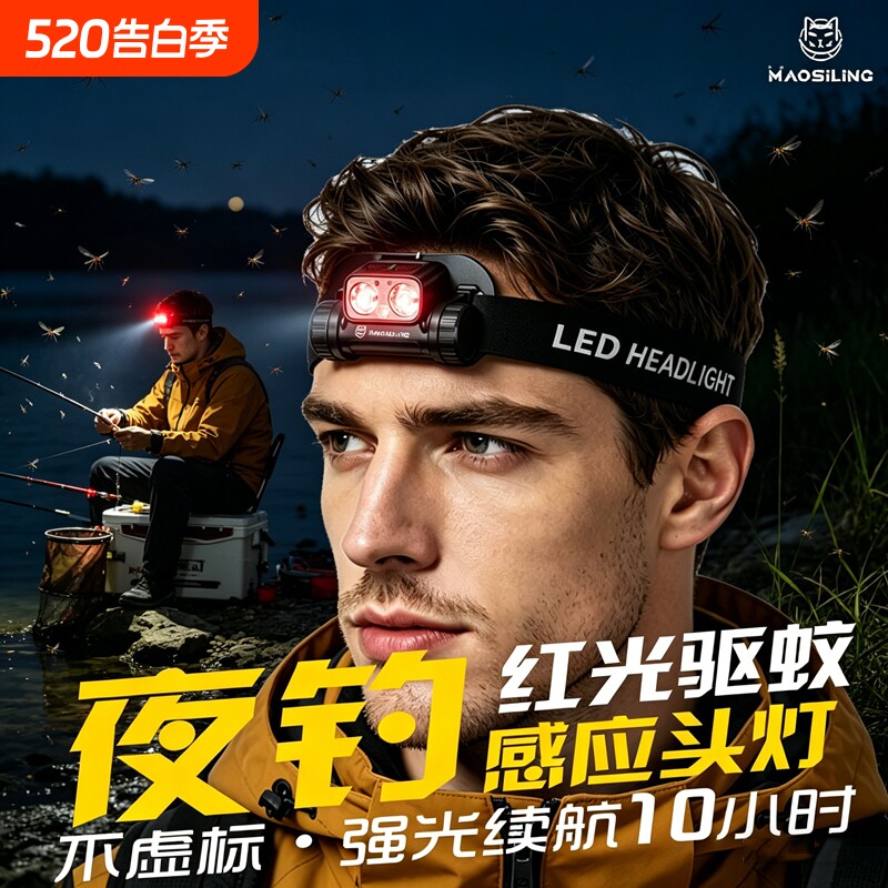 2025驱蚊夜钓头灯钓鱼专用超长续航100小时红光新款头戴式感应
