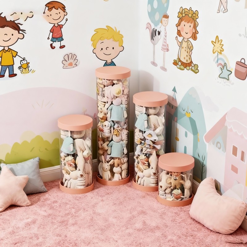 娃娃收纳桶家用可移动装玩偶公仔的透明筒室内带轮毛绒玩具整理架