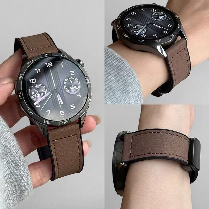 适用华为GT5疯马纹皮质表带watch3pro手表gt4新款pro男款watchgt5磁吸gt3真皮智能4pro运动gt女2男buds秋冬款