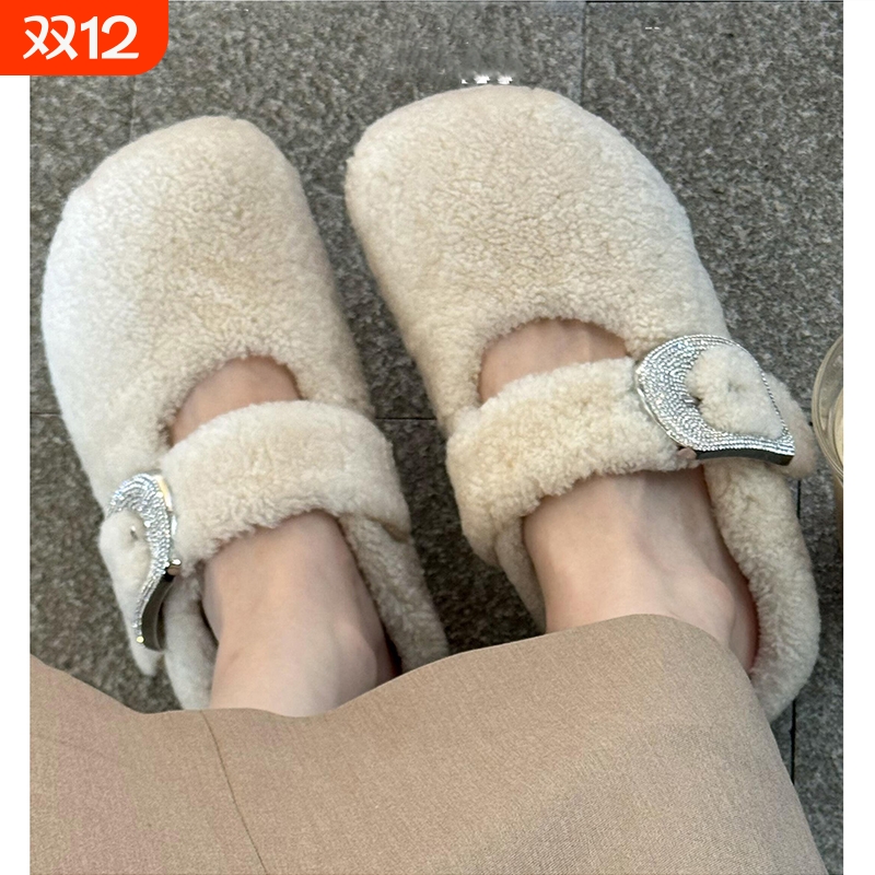 周也同款白色爆款包头羊羔毛毛拖鞋女外穿加绒棉鞋水钻勃肯鞋平底