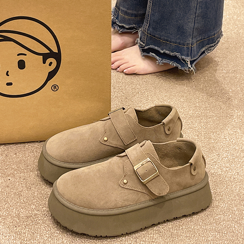 厚底勃肯鞋女秋季外穿2025新款百搭松糕鞋一脚蹬增高单鞋加绒棕色