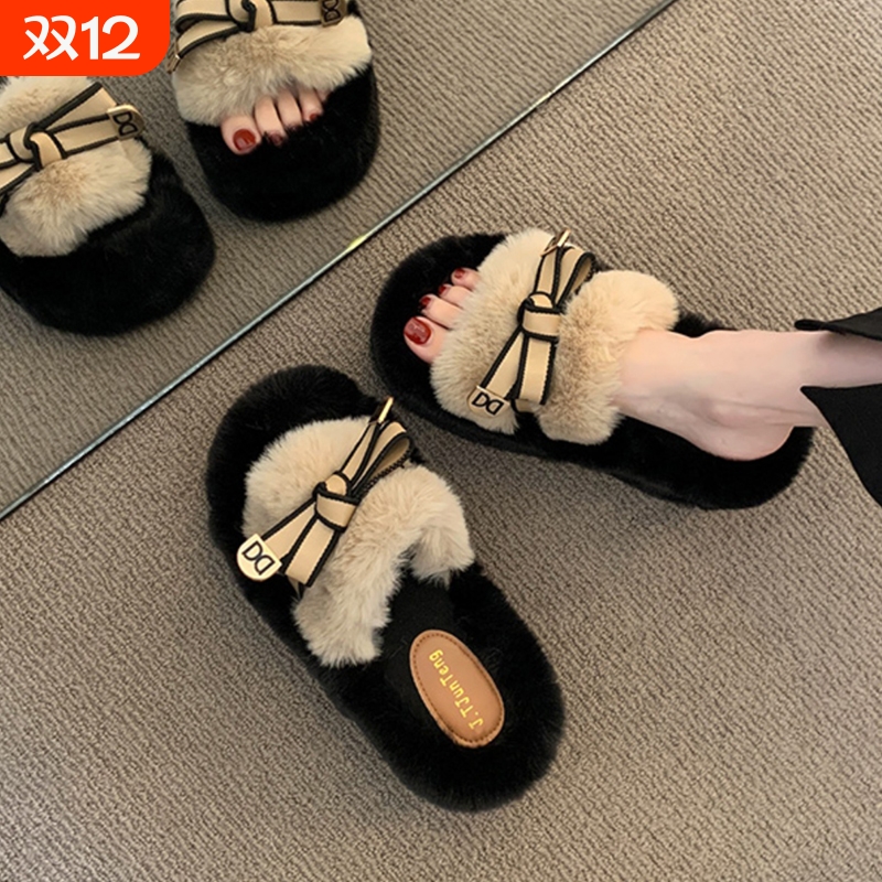 厚底毛毛拖鞋纯色系带保暖