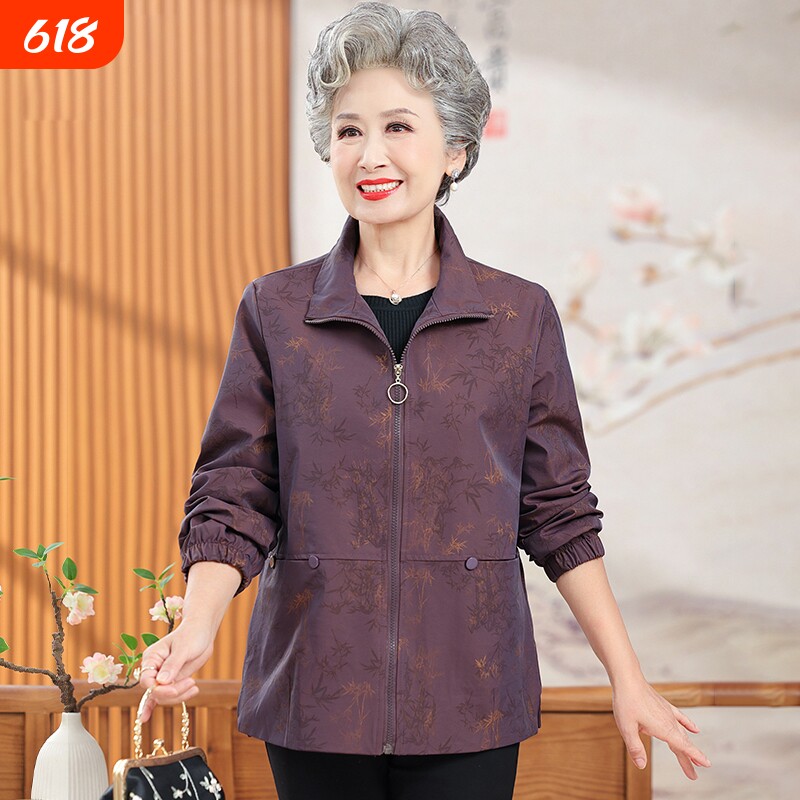 奶奶风衣中老年人女装春秋季夹克外套老人上衣服休闲参加红色紫色