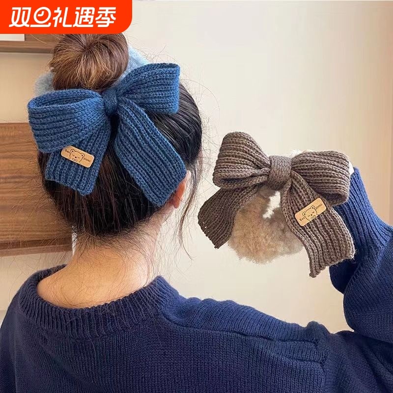 秋冬蝴蝶结大肠发圈女发饰针织毛线头绳丸子头绑发毛绒小发绳头饰