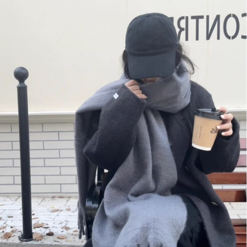 新款雾霾蓝围巾女冬季拉毛加厚学生保暖围脖灰色红色紫色蓝色粉色