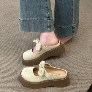 韩式松糕厚底勃肯包头半拖鞋女外穿增高夏季新款凉拖鞋白色紫色