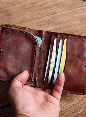 手工钱包疯马皮真软皮复古超薄竖款钱夹短款男士小众皮夹证件零钱