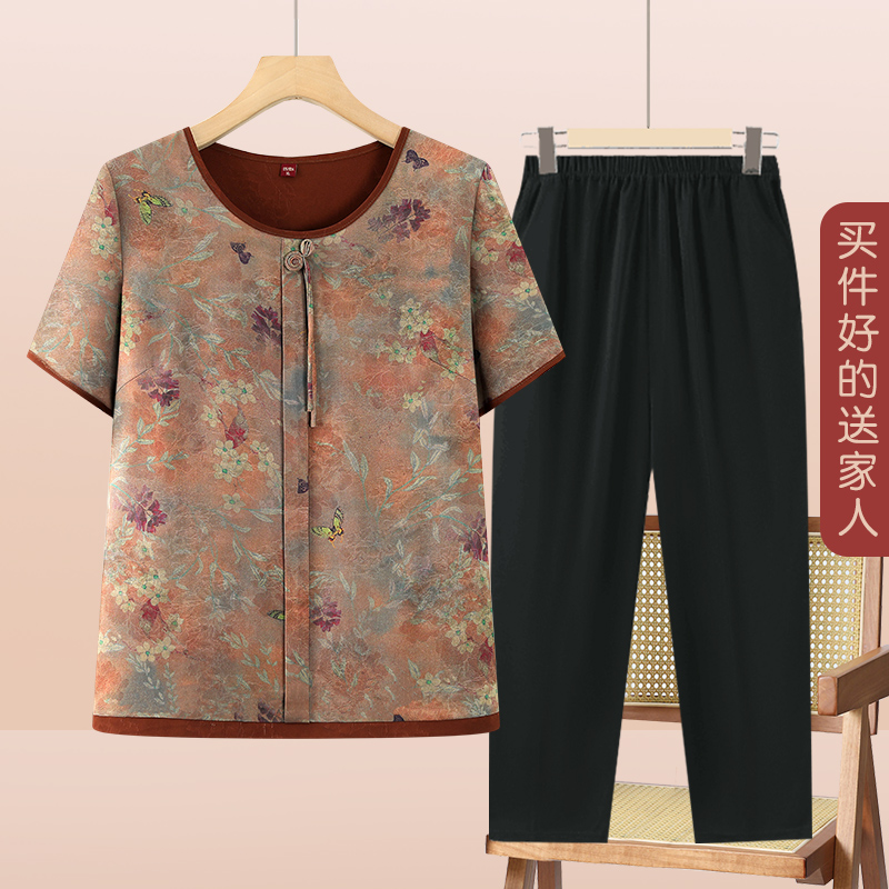 中老年妈妈夏季T恤奶奶上衣休闲