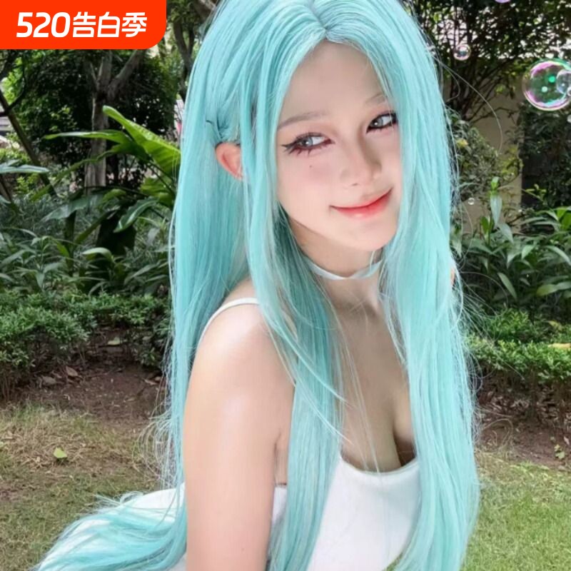绿色中分长直发假发女洛丽塔前额蕾丝中分森系薄荷绿长发日常发套