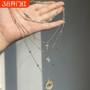 「biu boom」复古镂空花朵十字架项链甜酷风高级感多层叠戴锁骨链