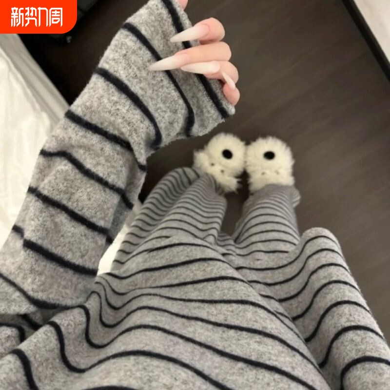 韩版ins简约条纹睡衣女学生保暖圆领长袖长裤宽松德绒家居服套装