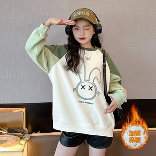 女童卫衣2025中大童秋装洋气秋款时髦T恤上衣加绒绿色紫色休闲