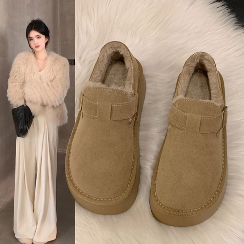 加绒加厚豆豆鞋勃肯鞋女2025冬季厚底乐福鞋复古博肯棉鞋子雪地靴