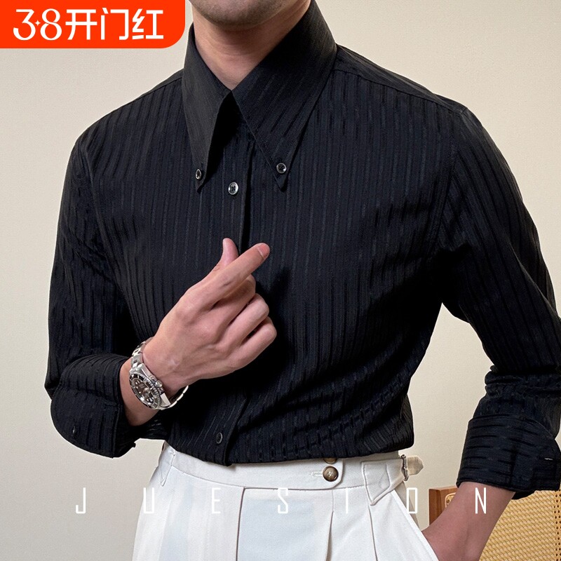 2026春夏英伦商务暗纹高定衬衫男韩版修身尖领长袖衬衣潮通勤黑色