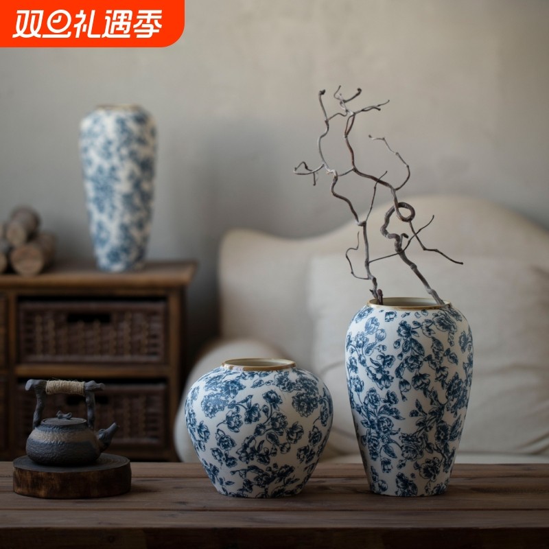 新中式陶瓷花瓶复古怀旧陶罐贴花牡丹轻奢花器酒店民宿装饰品摆件