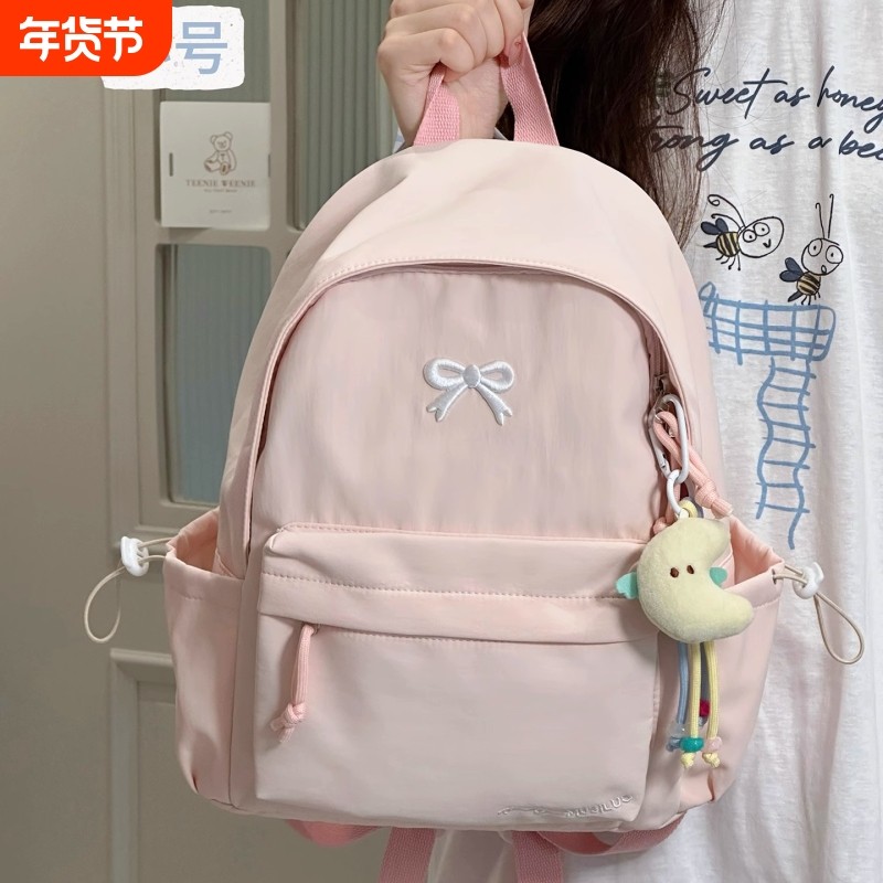 日系ins纯色简约小背包高颜值轻便中学生书包百搭双肩包蝴蝶结