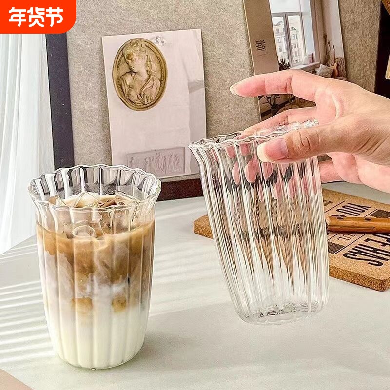 ins耐热花朵条纹杯咖啡拿铁牛奶杯 水果茶汁冷饮玻璃杯简约水杯子