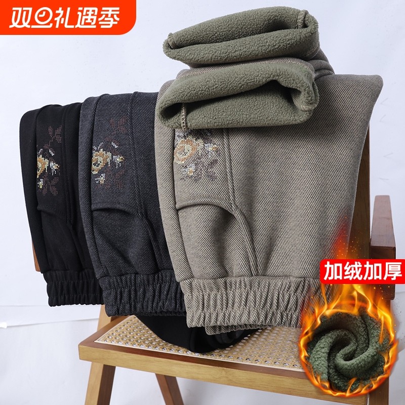 中老年人妈妈加绒裤子棉裤中年女裤加厚新款奶奶保暖裤方便黑色