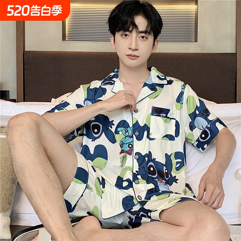 夏季冰丝睡衣男薄款短裤短袖宽松凉感加肥大码轻奢开衫家居服套装
