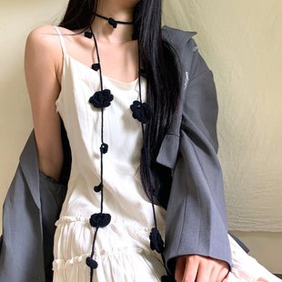 黑色玫瑰花小众手工针织细窄长条飘带围巾女y2k小众脖子配饰颈链