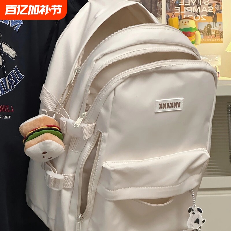 简约百搭双肩包女高中学生初中生书包背包男潮帆布蓝色灰色学院风