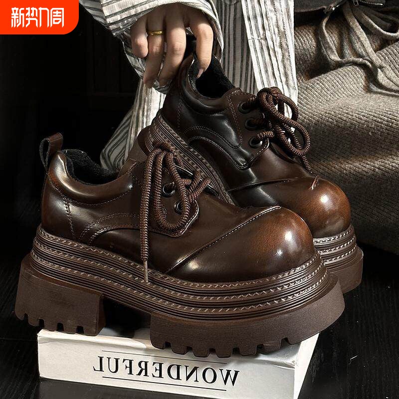 欧货真皮厚底小皮鞋女英伦风圆头加绒德比鞋小个子增高乐福鞋单鞋