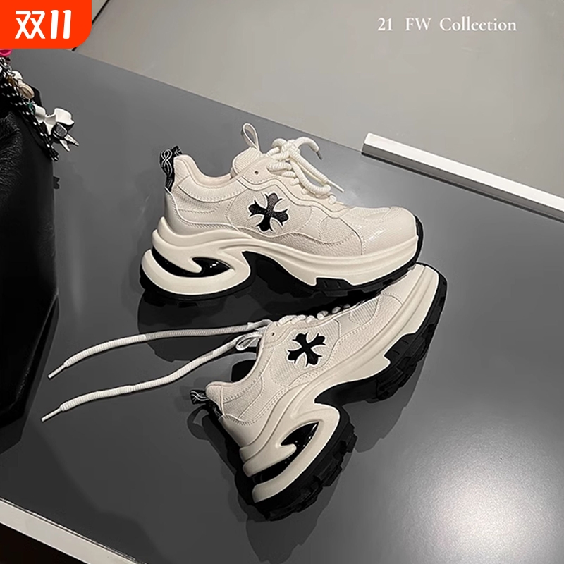 韩国十字花厚底老爹鞋女2025秋冬新款小个增高7.5cm休闲鞋跑步鞋