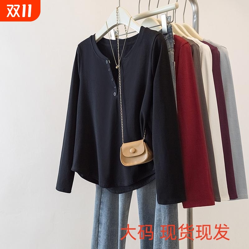 大码胖妹妹纯棉2025新款长袖T恤女春秋季显瘦内搭上衣遮肚打底衫