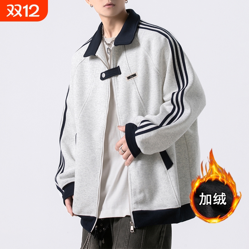 美式加绒条纹男款夹克外套聚