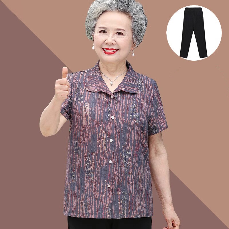 老年人夏装女短袖衬衫衣服妈妈时尚衣服太太夏季新款奶奶短款套装