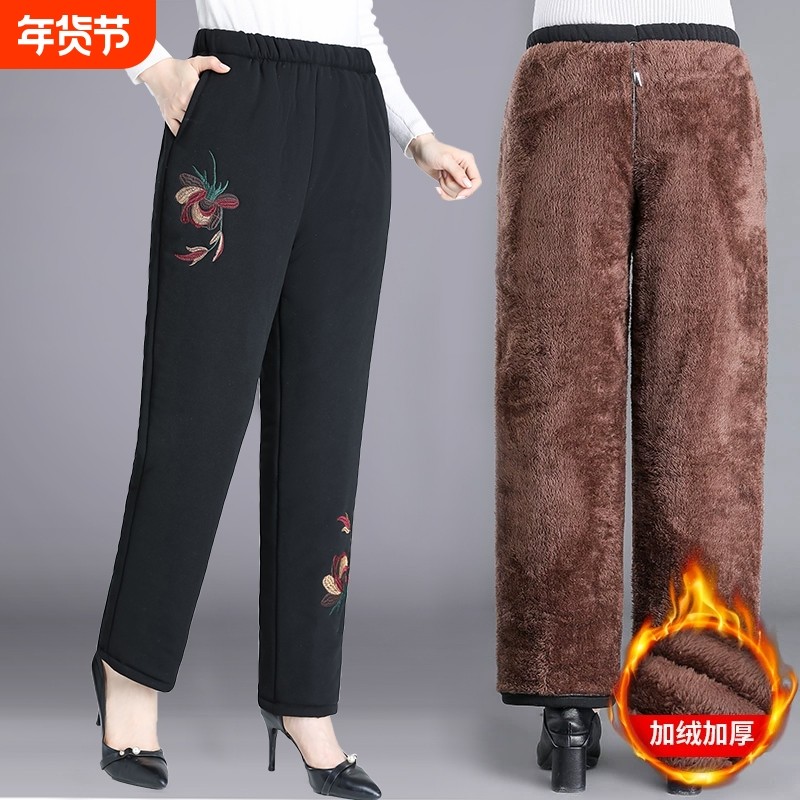 中老年人加绒夹棉棉裤女妈妈冬装裤子宽松奶奶长裤加厚保暖裤外穿