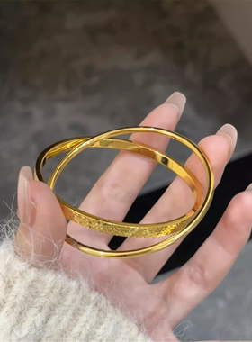 仿真金碎冰冰双环手镯女款时尚小众碎冰纹双圈手环送女友礼物