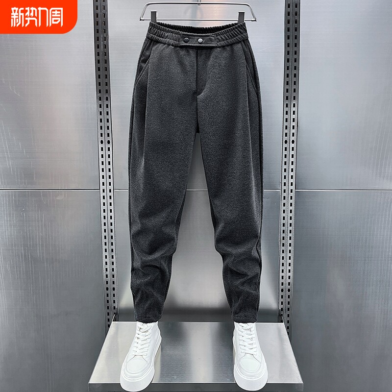 秋冬新款毛呢休闲裤男士加厚高级感小脚哈伦裤宽松痞帅纯色运动裤