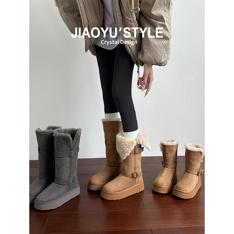 真皮~骄屿灰色厚底雪地靴2025冬季新款加绒加厚东北雪地棉鞋长筒