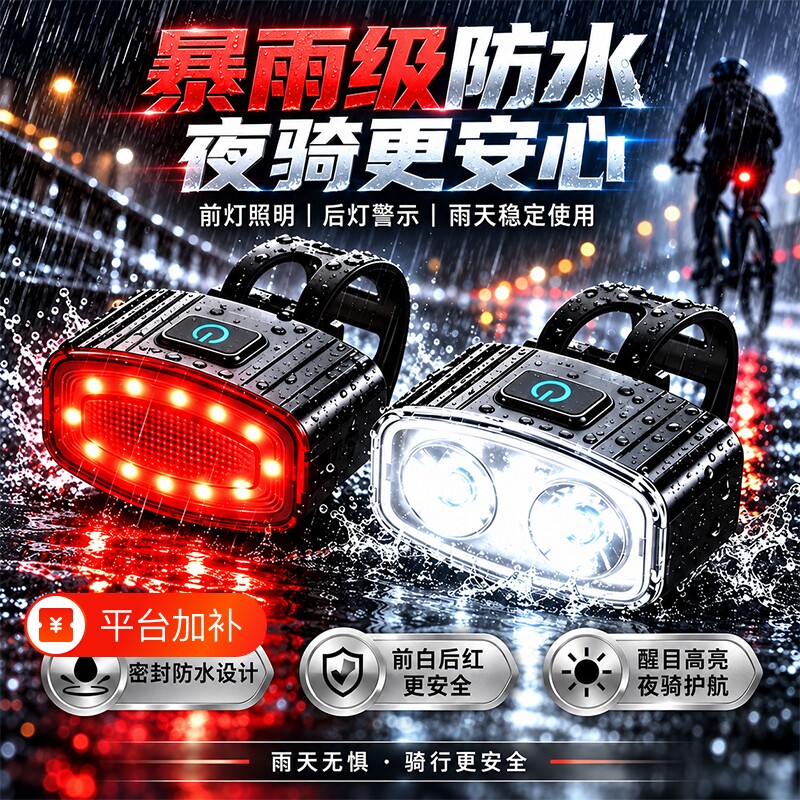 自行车夜间照明灯山地公路车单车前灯强光夜间骑行灯后尾骑行装备