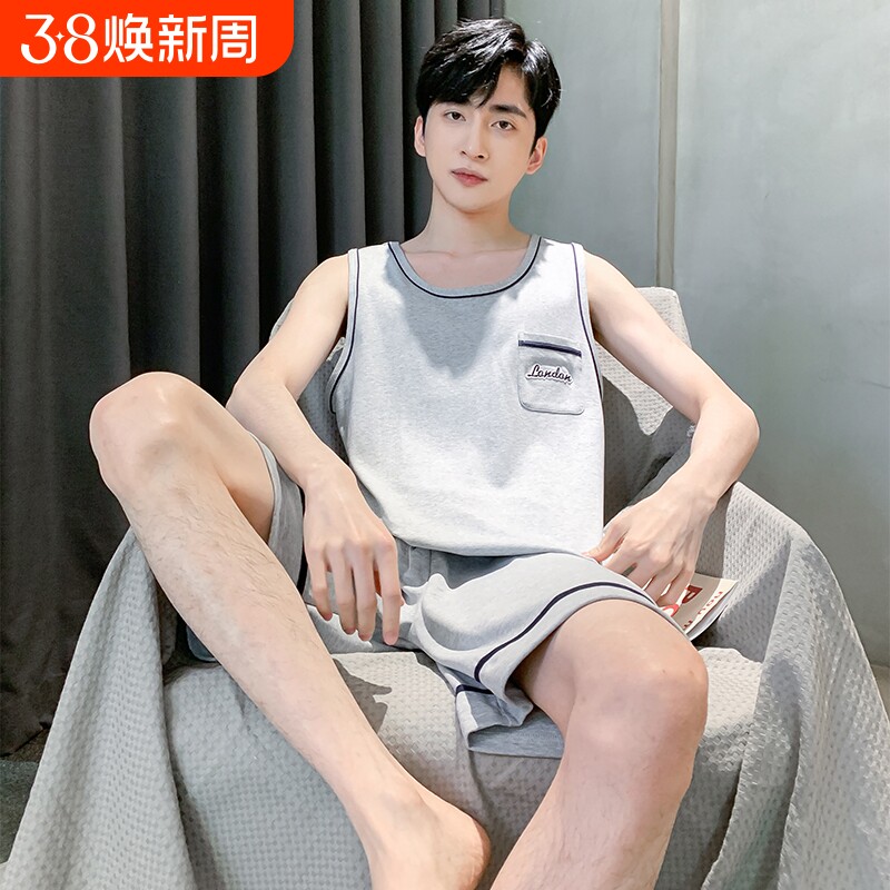 夏季纯棉背心睡衣男宽松休闲两件套装夏天薄款中年男士无袖家居服