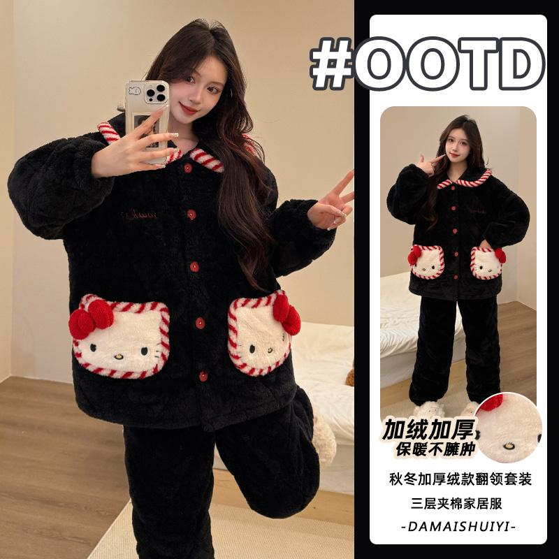 珊瑚绒睡衣女秋冬季2025新款三层夹棉加厚保暖可爱家居服外出厚绒