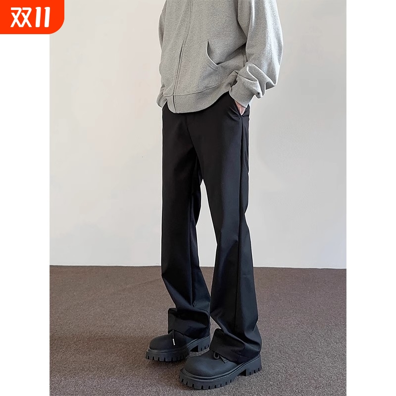 美式高街cleanfit黑色垂感西裤男运动休闲百搭显瘦直筒微喇长裤子