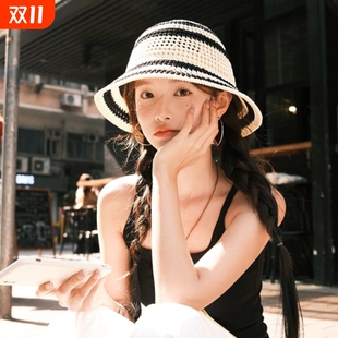 女生海边草编渔夫帽子女2025年新款 镂空度假防晒遮阳帽条纹旅行